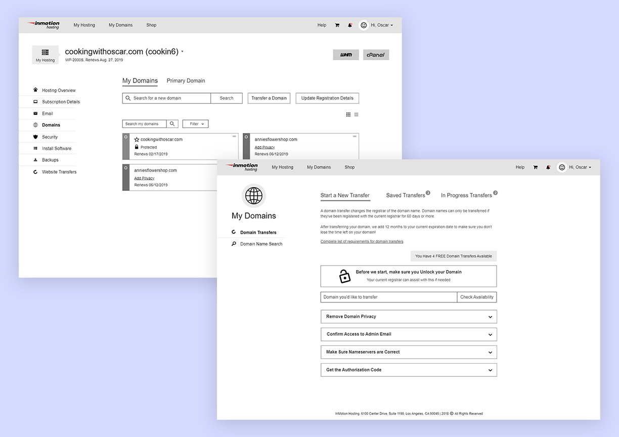 domains overview and transfer wireframes
