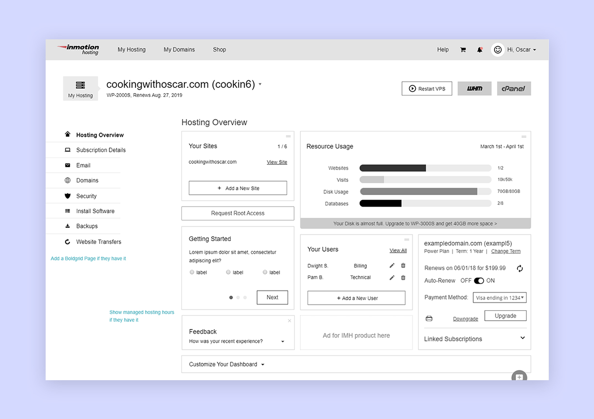 hosting overview wireframe