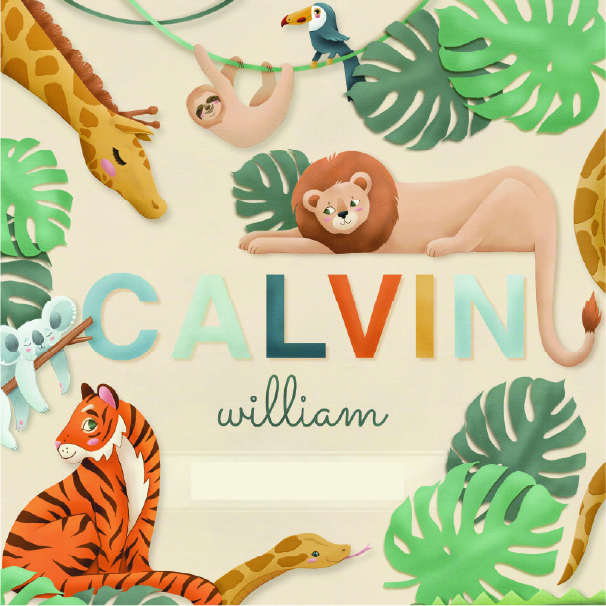 Illustration with a number of jungle animals and the name Calvin William.