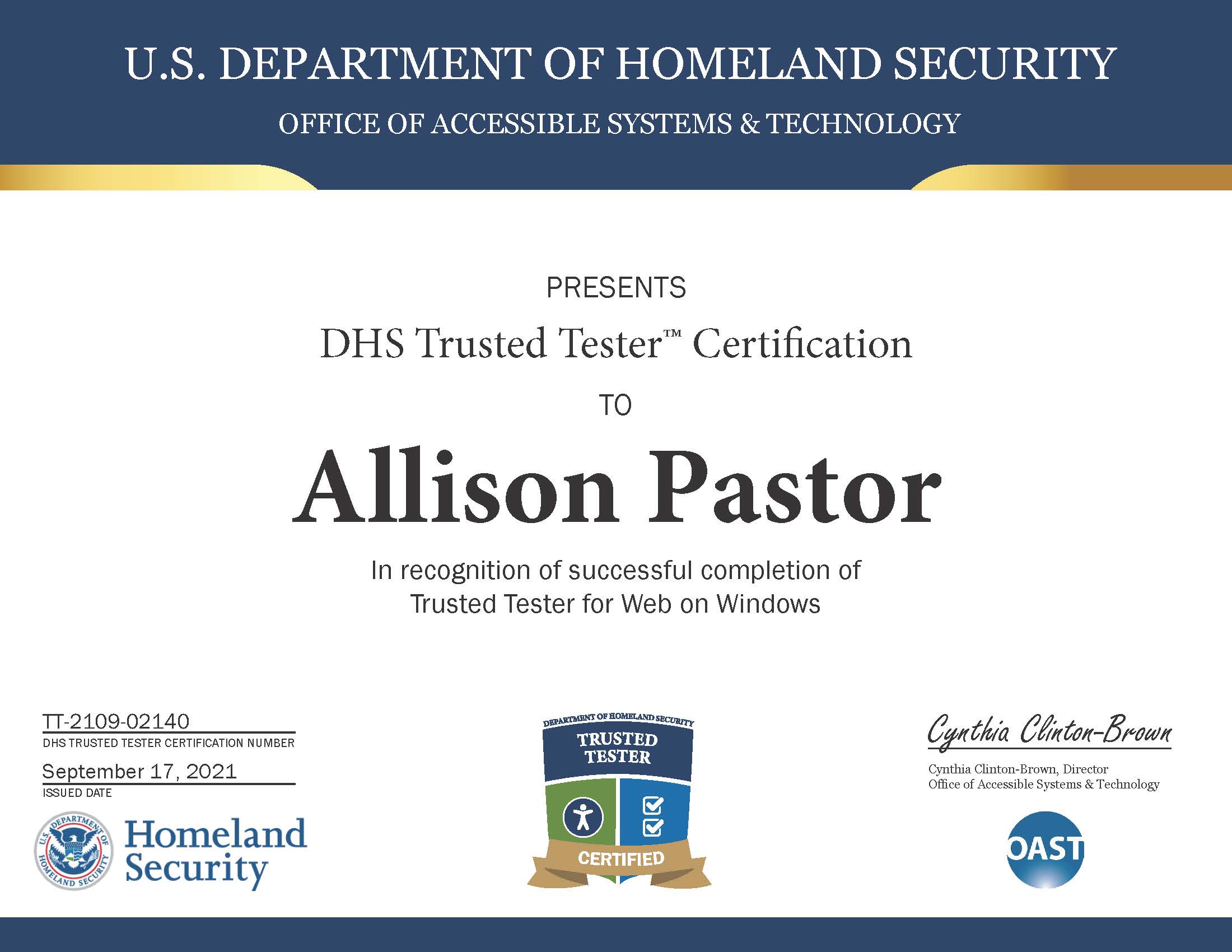 DHS Trusted Tester Certification for Allison Pastor, issued on September 17, 2021